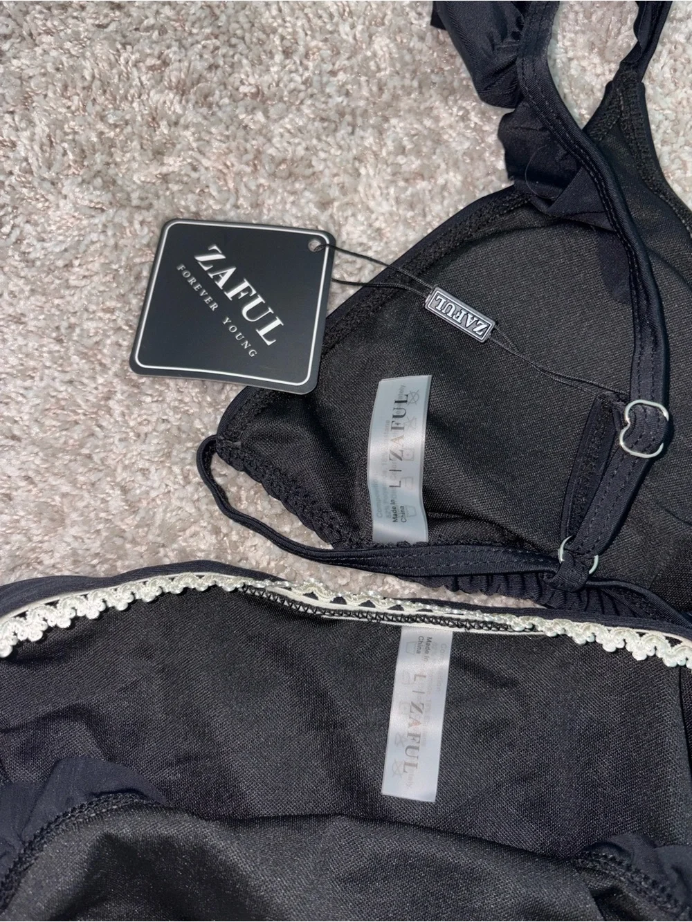 Zaful Black Ruffle Triangle Bikini Set